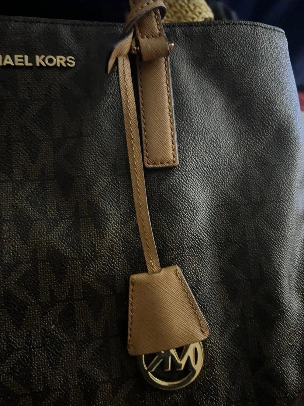 Michael Kors Brown MK Logo Monogram Tote with Tan Leather Handles